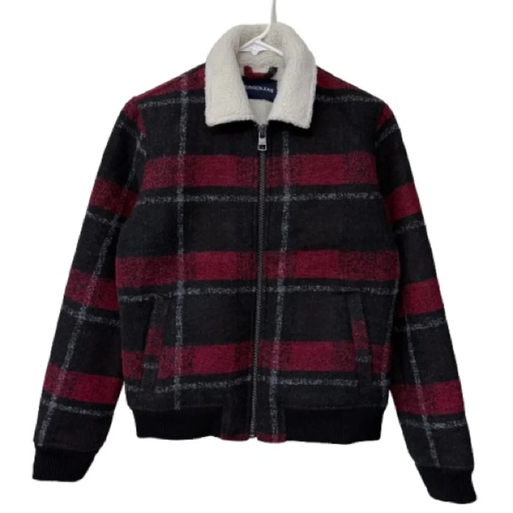 Calvin Klein Plaid Sherpa Jacket Wool Blend Chore Coat Women M Tango Red New - Picture 2 of 11